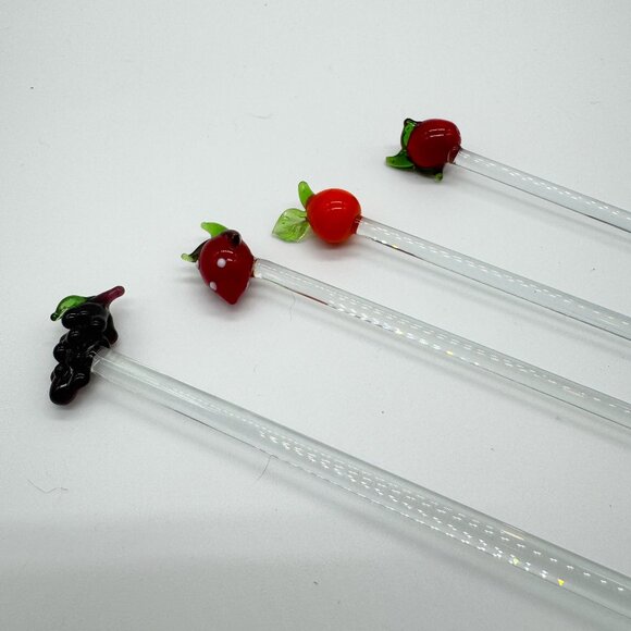 Set 4 Swizzle Sticks Handblown Glass Fruits Collectible Barware Drinks Cocktails - Picture 5 of 7